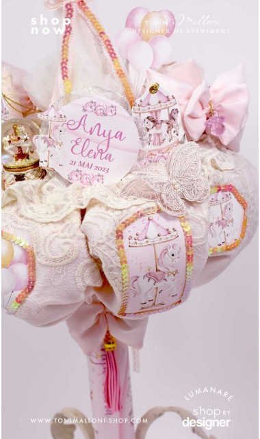 Lumanare botez personalizata cu dantela crem si glob cristal Ponei Carusel 2